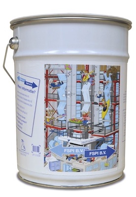 Een verfblik met een kleurrijke reksleeve
